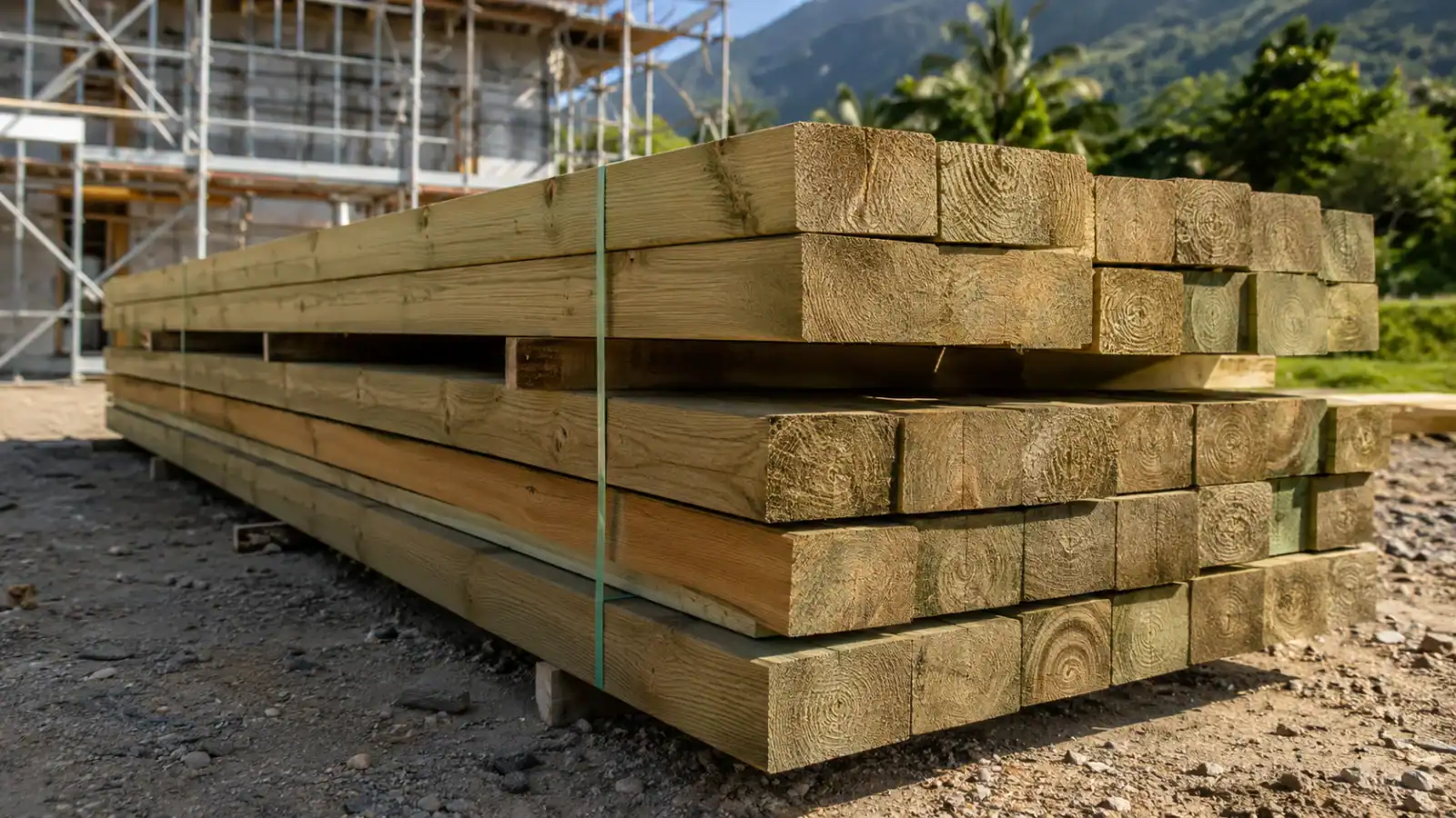 Piles de bois traité classe 4 sur un chantier à La Réunion